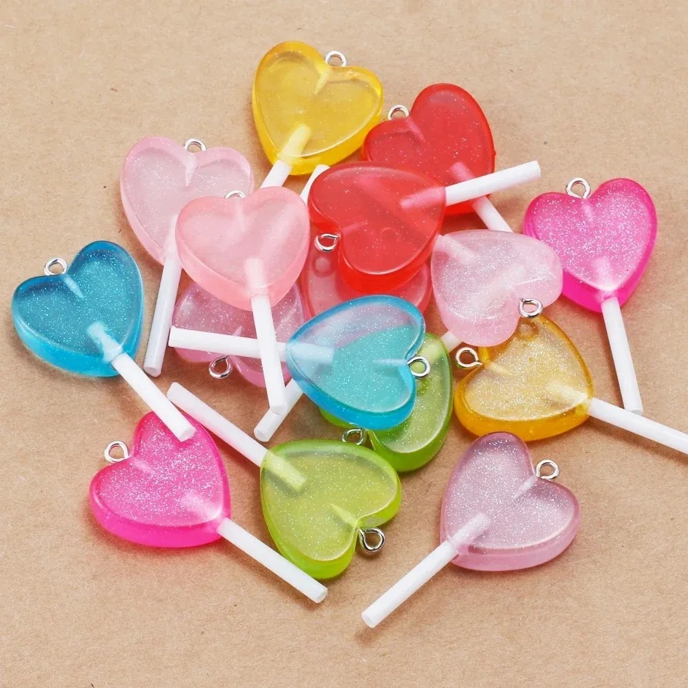 Resin Art Calligraphy - 10Pcs Kawaii Sparkly Heart Lollipop Resin